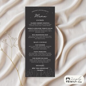 NYC Modern Black Bachelorette Menü (Manhattan, New York City, Mädels Wochenendreise Abendessen Brunch Mittagessen) Bearbeitbare Digitale Canva Vorlage