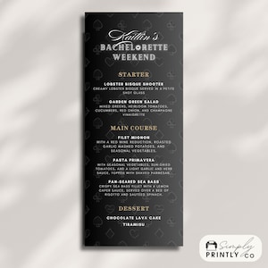 Vegas Glam Black Gold Bachelorette Menü (Las Vegas, Nevada, Mädels Wochenendreise Abendessen Brunch Mittagessen) Bearbeitbare Digitale Canva Vorlage
