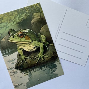 May include: A postcard featuring a detailed illustration of a green frog perched on a rock near water. The frog has large, expressive eyes and is surrounded by a naturalistic setting. The back of the postcard is white with lines for writing and a stamp box.