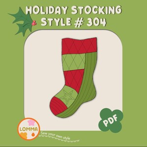 May include: A red and green Christmas stocking with a star design. The stocking is labeled "HOLIDAY STOCKING STYLE # 304" and "PDF".