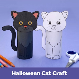 May include: Two handmade cat crafts, one black and one white, with orange and pink accents. The black cat has yellow eyes and a pink nose. The white cat is a coloring project. The image includes colored pencils and scissors. Text reads "Halloween Cat Craft."