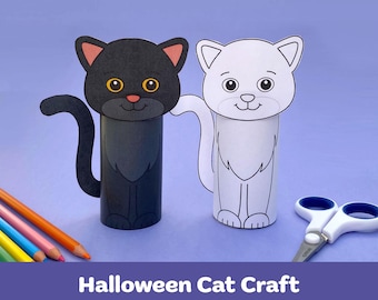 Può includere: Due lavoretti artigianali a forma di gatto, uno nero e uno bianco, con accenti arancioni e rosa. Il gatto nero ha gli occhi gialli e il naso rosa. Il gatto bianco è un progetto da colorare. L'immagine include matite colorate e forbici. Il testo recita "Halloween Cat Craft."