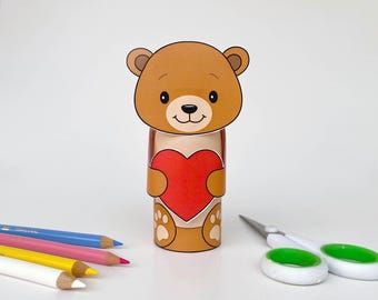 Heart Bear Toilet Roll Craft: Kids Printable Coloring Activity (Digital Download)