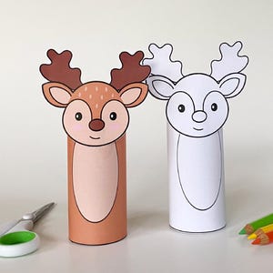 Renna da ritagliare e incollare stampabile! Attività di artigianato invernale da colorare, animale artico/polare, rotolo di carta igienica - Download immediato