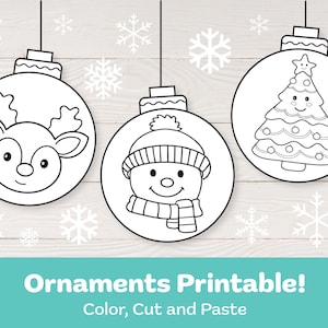 Puede incluir: Tres contornos de adornos navideños en blanco y negro para colorear, cortar y pegar. Los adornos representan un reno, un muñeco de nieve y un árbol de Navidad.