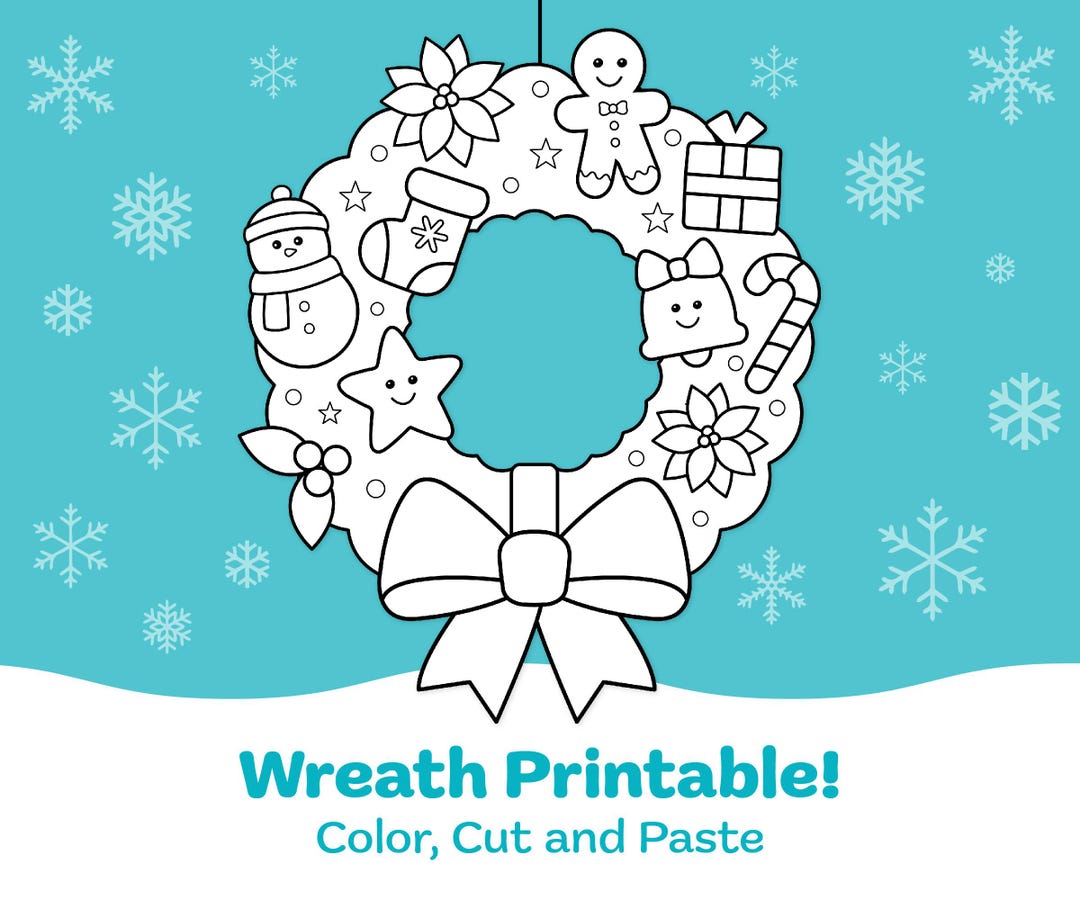 Christmas Wreath Printable: Kids' Coloring Craft Activity (instant ...