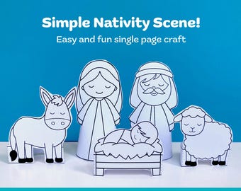 May include: Black and white printable craft of a nativity scene. The scene includes Mary, Joseph, baby Jesus, a donkey, a sheep, and a manger. The title "Simple Nativity Scene! Easy and fun single page craft" is at the top of the page.
