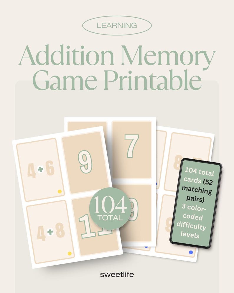 Addition Memory Game Printable | Math up to 20 | 1st Grade Math ...