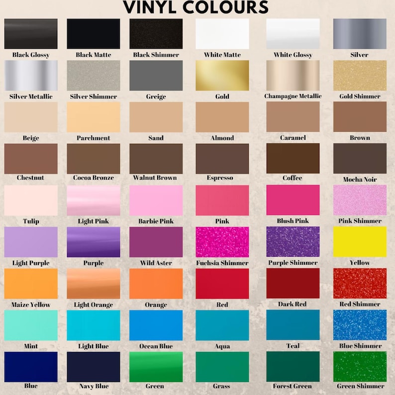 May include: A color chart titled VINYL COLOURS displaying a grid of 66 rectangular swatches. The collection includes various shades of black, white, silver, gold, brown, pink, purple, yellow, orange, red, blue, and green in matte, glossy, and shimmer finishes.