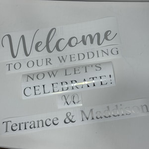 May include: A set of silver adhesive vinyl decals featuring the text Welcome TO OUR WEDDING, NOW LET'S CELEBRATE!, XO, and the names Terrance & Maddison in a mix of script and block lettering, presented on a clear backing sheet for application.