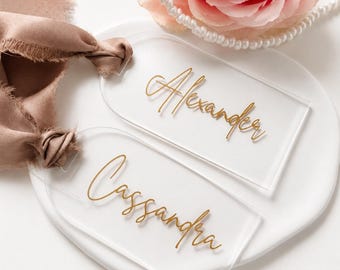 Custom Acrylic Wedding Name Tags | Vinyl Personalized Place Cards | Elegant Minimalist Wedding Table Decor