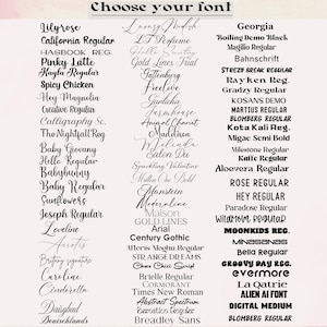 May include: A font selection chart titled Choose your font, featuring three vertical columns of black text samples on a light background. The list includes various typeface names such as Lilyrose, Georgia, Arial, and Times New Roman in diverse styles.