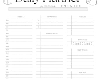 Op de afbeelding: Een zwart-witte dagelijkse planner met secties voor schema, topprioriteiten, takenlijst voor werk, persoonlijke takenlijst, zelfzorg, waterinname, gewoontetracker, maaltijdplan en notities. De planner heeft een herfstthema met een pompoen en eikel bovenaan.