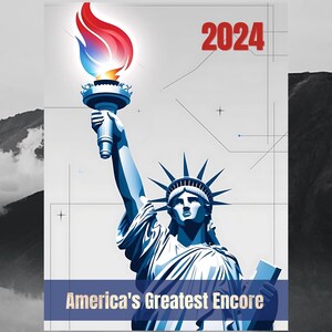 Puede incluir: Un diseño gráfico con la Estatua de la Libertad sosteniendo una antorcha con llamas rojas, blancas y azules. El fondo es un patrón geométrico blanco y gris con el año 2024 en texto rojo. El texto "America's Greatest Encore" está en texto azul en la parte inferior de la imagen.