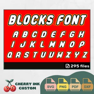 Può includere: Una grafica rossa e nera presenta le parole "BLOCKS FONT" in lettere bianche a blocchi. Sotto, l'alfabeto è visualizzato nello stesso carattere. L'immagine include anche il testo "295 file" e icone di diversi tipi di file.
