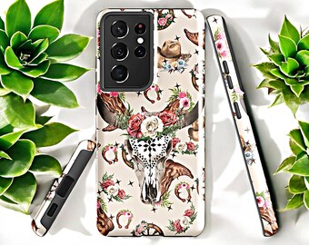 Boho Longhorn Cowgirl Floral Phone Cover for Samsung Galaxy Models