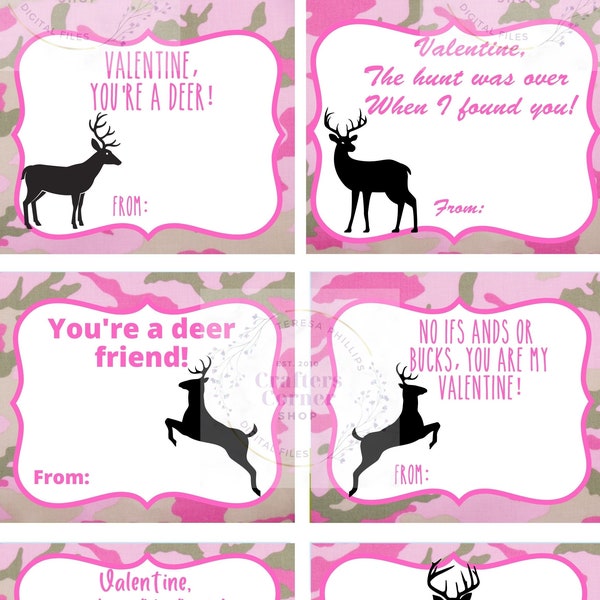 Pink Camouflage deer printable valentines, deer valentines, camouflage valentines, hunting valentines