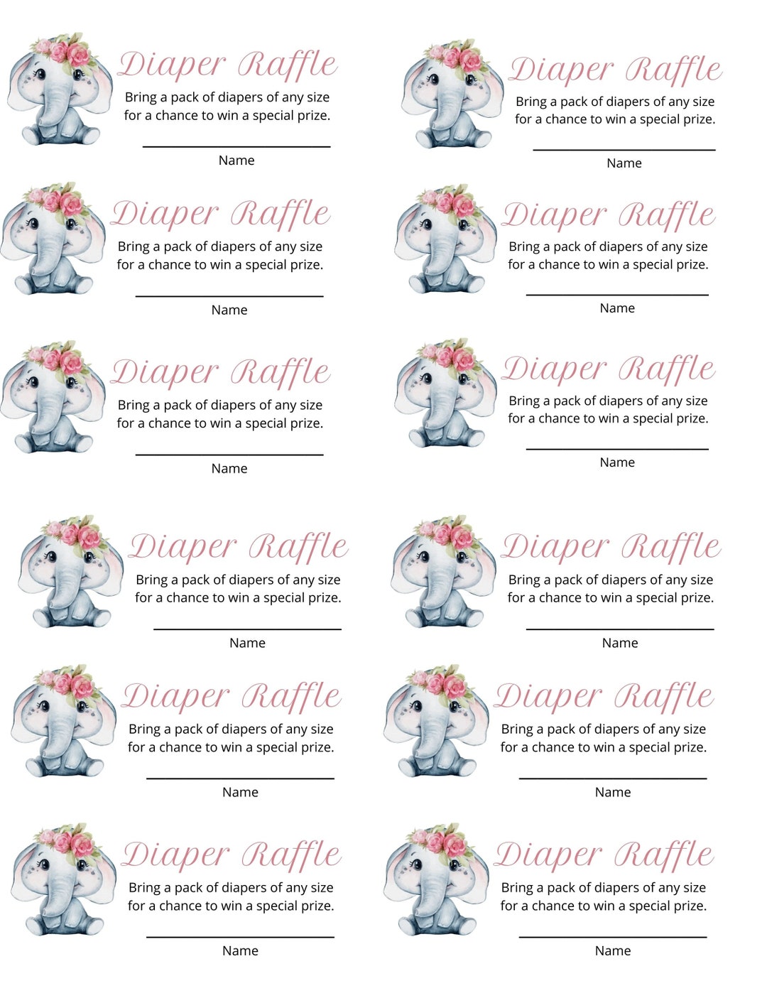 Elephant Diaper Raffle Printable, Baby Shower Diaper Raffle Printable ...