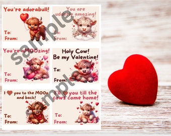 Highland Cows valentines, kids valentines, Cows kids valentines, printable valentines