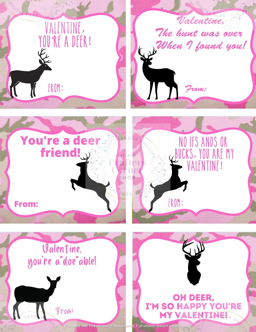 Pink Camouflage Deer Printable Valentines, Deer Valentines, Camouflage ...