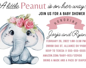 Editable Little Peanut, Baby Elephant, Baby Shower Invitation