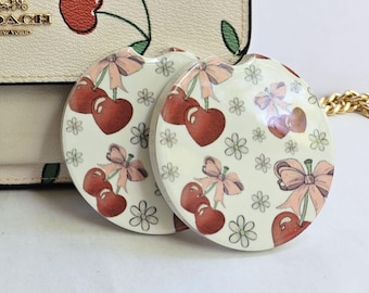 Heart Shaped Cherries and Bows Ceramic Car Coasters Set of Two, Cherry Car Coaster, Bow Car Coaster, Car Accessories, Stocking Stuffers