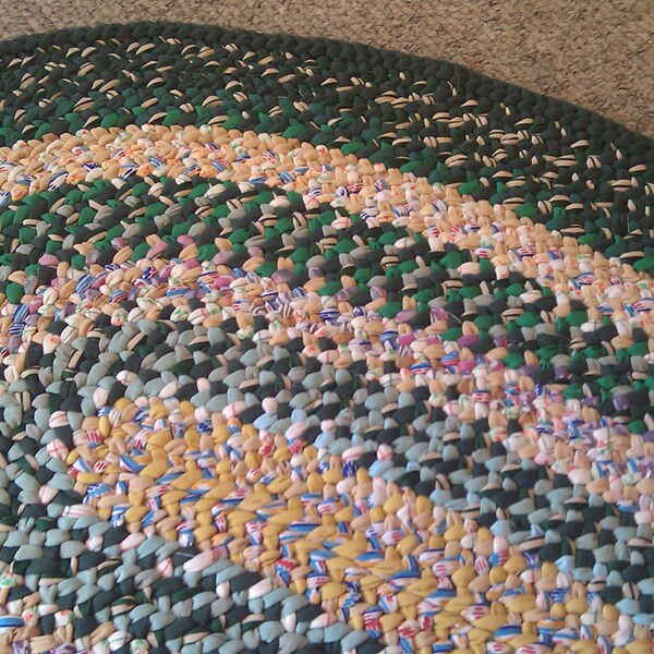 47 in X 30 Handmade Braided Area Rug forest Greens  & Yellows Oval