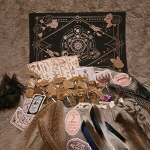 Puede incluir: Un surtido de objetos místicos, que incluyen frascos de vidrio con tapones de corcho, plumas, pegatinas y un póster negro decorativo con detalles dorados. Las pegatinas presentan textos como "Death Potion" y "Snake's Teeth".