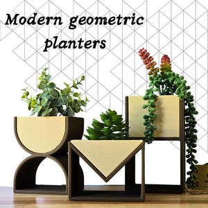 Peut inclure: Trois jardinières géométriques modernes avec des plantes. Les jardinières sont de formes variées, dont un demi-cercle, un carré et un triangle. Les jardinières sont marron avec un intérieur beige. Le texte "Modern geometric planters" est en haut.