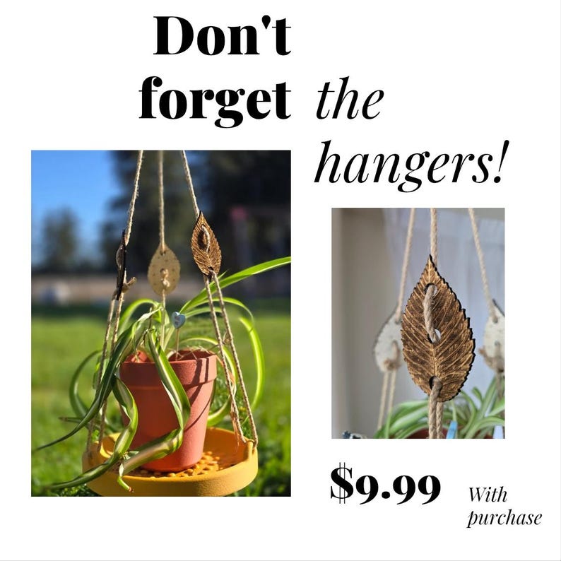 May include: A hanging plant display with a yellow tray, a terracotta pot, and a green plant. The display is suspended by rope and features decorative leaf-shaped wooden accents. Text reads "Don't forget the hangers!"