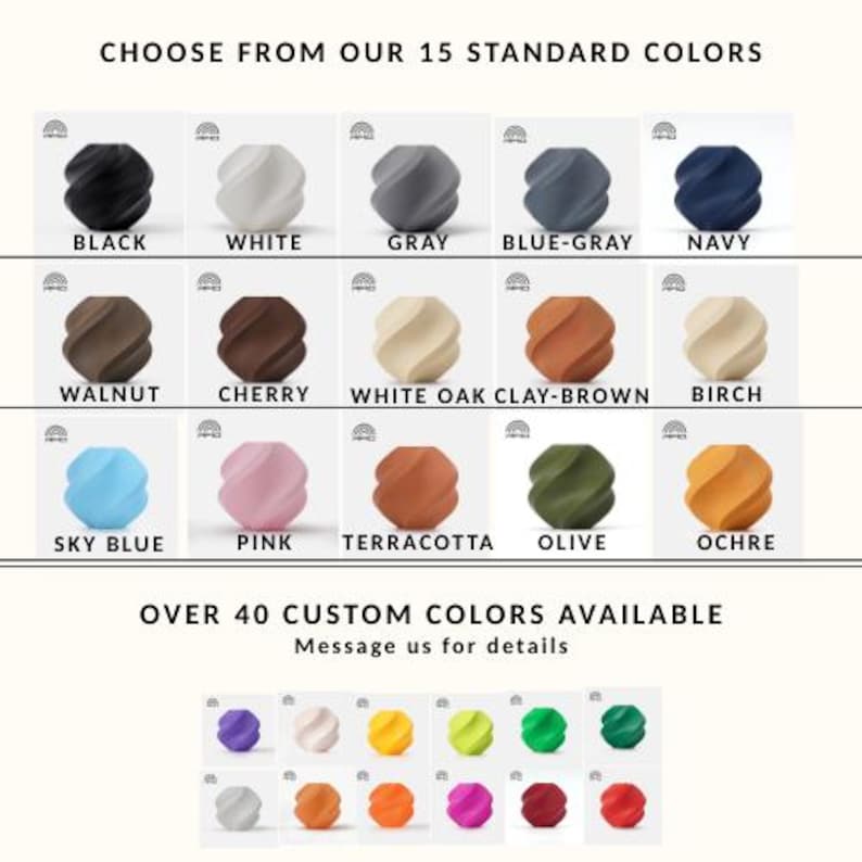 May include: A colour chart showcasing 15 standard colours, such as black, white, grey, blue-grey, and navy. Other colours include walnut, cherry, white oak clay-brown, birch, sky blue, pink, terracotta, olive, and ochre. Text reads "Choose from our 15 standard colours."
