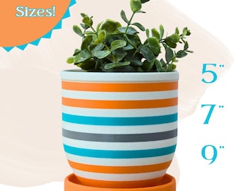 Indoor Planter with Drip Tray - Chic Modern Summer Striped Flowerpot for Home Decor. Self-watering planter. Simple planter succulent pot