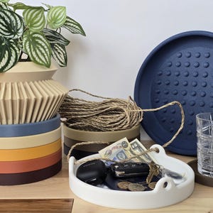 May include: A selection of colourful trays and containers. A white tray holds keys, money, and a car key. A blue tray with a dotted pattern sits next to a clear glass. A plant sits in a beige, geometric vase.