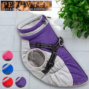 May include: A quilted dog coat in purple and gray with a fleece lining. The coat features a harness attachment and a zipper closure. The text "PETCWITCH CAT & DOG WELLBEING ESSENTIALS" is at the top. Additional color options are shown.