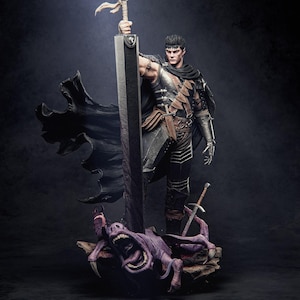 May include: A black and silver action figure of a warrior holding a large sword. The figure is standing on a base with a purple monster lying beneath it.