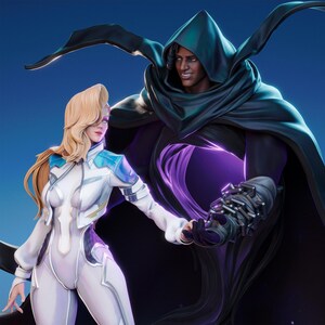 May include: A woman in a white jumpsuit with a blue accent stands next to a man wearing a black hooded cloak. The man has a dark complexion and is smiling. The woman has long blonde hair and is looking at the man.