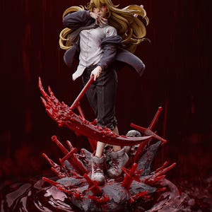 May include: A female figure with red horns and long blonde hair stands on a rocky base covered in blood. She wears a white shirt, a dark jacket, and black trousers. She holds a large, bloody scythe in her right hand.
