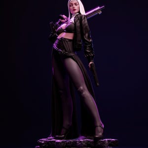 May include: A woman dressed as a nun with a white habit and black leather jacket, holding a shotgun and a pistol. She is wearing a black bra and a black skirt with a belt. She is standing on a stone platform against a dark purple background.