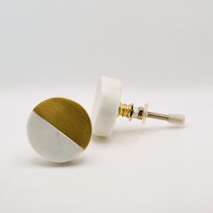 Marble and Brass Round knob, Gold Metal White Stone Drawer Pull, Natural Mineral Half Circle Furniture Knob, Stone Cabinet Hardware