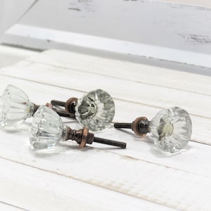 Faceted Glass Knob, Glass Flower Drawer Pull, Bronze Stem Floral Glass Furniture Knob, Cabinet Handle, Glass Cabinet Hardware