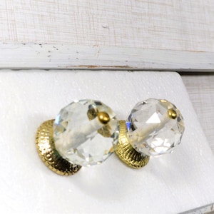 Faceted Glass Knob, Gold Stem Drawer Pull, Large Clear Floral Door Handle, Kitchen Cabinet Hardware