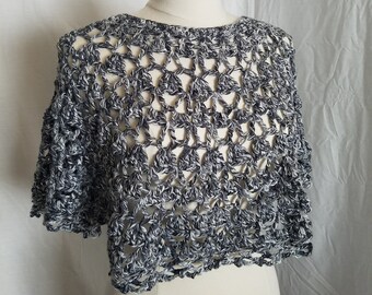 Lacy Crocheted Poncho Shawl - Pewter Silver Grey - One Size - Elegant Wrap - Metallic