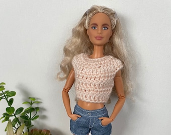 Crochet Doll Shirt - 11.5” 1/6 Scale Fashion Doll Tee - Barbie - ANY Body Style - Soft Peach - for Play or Doll Photography