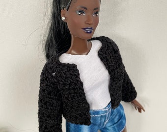 Crochet Doll Cardigan - 11.5” 1/6 Scale Fashion Doll Sweater - Barbie - ANY Body Style - Black - for Play or Doll Photography