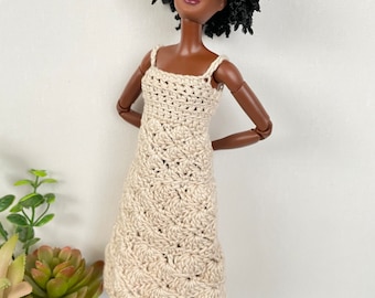 Crochet Sun Dress - 11.5” 1/6 Scale Fashion Doll Dress - Barbie - Petite/Regular Body Style - Cream Natural for Play or Doll Photography