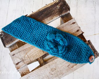 Wide Crochet Boho Headband with Large Flower - Ocean Blue