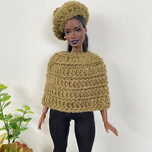 Crochet Doll Poncho & Beret - 11.5” 1/6 Scale Doll Fashion Doll - Fashion Doll - All Body Styles - Olive Green -  for Doll Photography