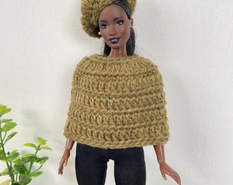 Crochet Doll Poncho & Beret - 11.5” 1/6 Scale Doll Barbie - Barbie - All Body Styles - Olive Green -  for Doll Photography