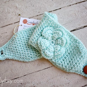 Wide Crochet Boho Headband with Large Flower Soft Green Mint image 1