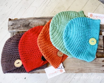 Women's Crochet Flapper Hat with Button - Crochet Cancer Hat - Flapper Hat - Crochet Beanie - Vintage Style - You Choose Color - Custom